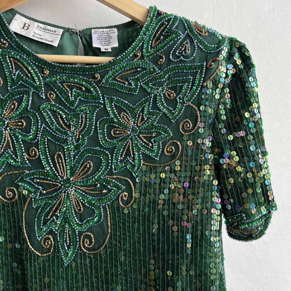 Vintage Braemar Silk Sequin Beaded Top Green 80s Evening M - Picture 3 of 14